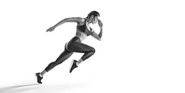 스포츠 배경. 시작에 주자. 흑백 이미지가 흰색으로 분리되어 있습니다. - muscular build sprinting jogging athlete 뉴스 사진 이미지
