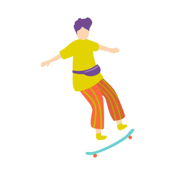 istock Violet hair modern girl in red pants ride on skateboard 1209834023