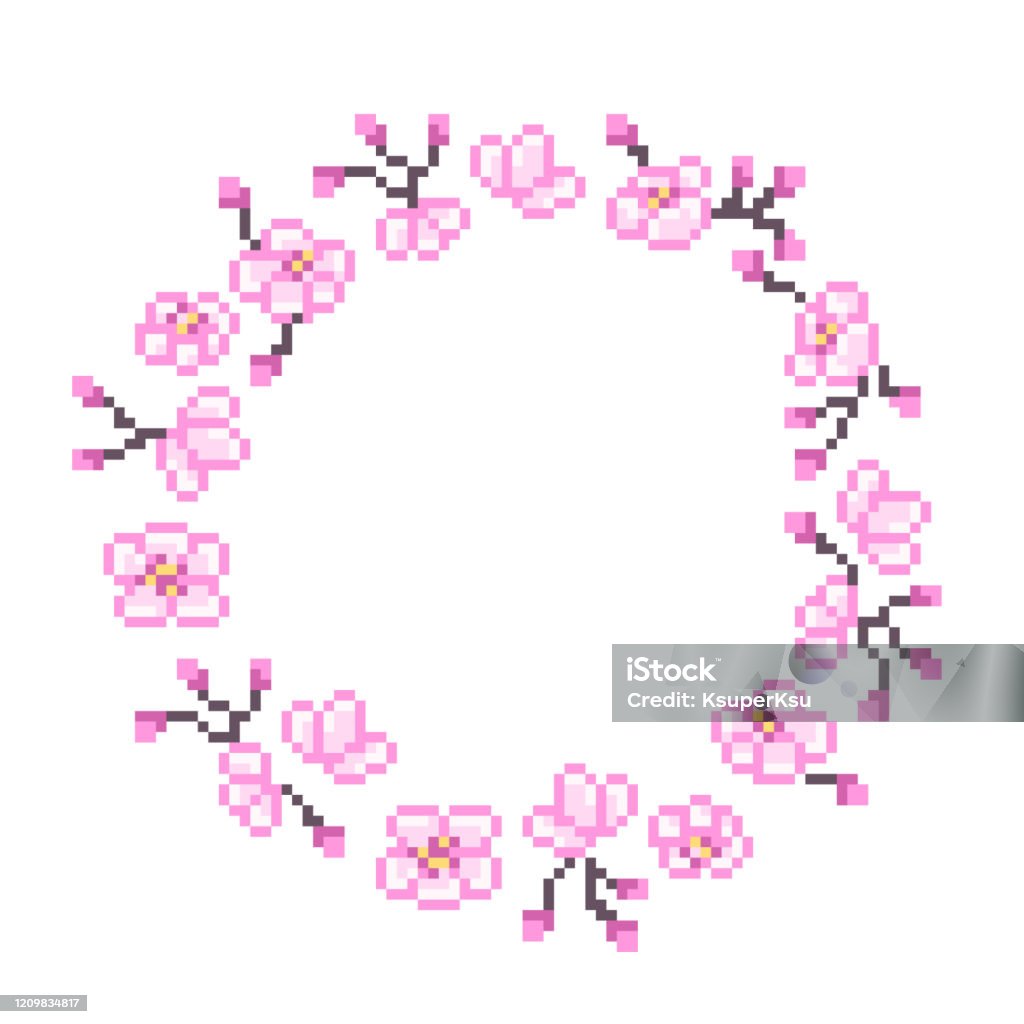 꽃과 꽃봉오리가 있는 분홍색 사쿠라 가지 화이트에 고립된 픽셀 아트 라운드 프레임8 비트 일본 자연 상징 올드 스쿨 빈티지 레트로 슬롯  머신 비디오 게임 그래픽 벚꽃 장식 픽셀 아트에 대한 스톡 벡터