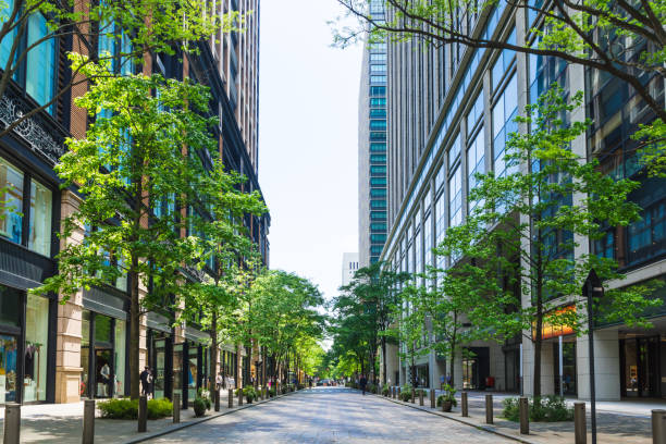 via degli uffici marunouchi all'inizio dell'estate - business district foto e immagini stock