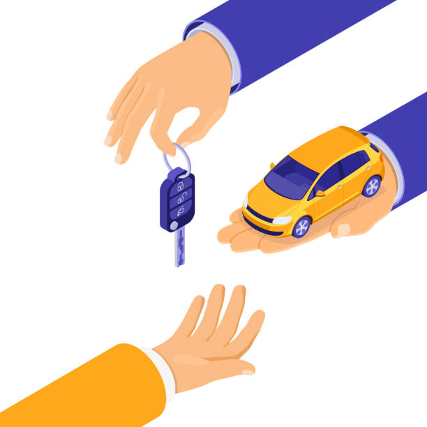 Sale Purchase Rental Sharing Car Isometric Sale, purchase, rent car isometric concept for landing, advertising with hands hold car and key. Auto rental, carpool, carsharing for city trips. isolated vector illustration car key illustrations stock illustrations