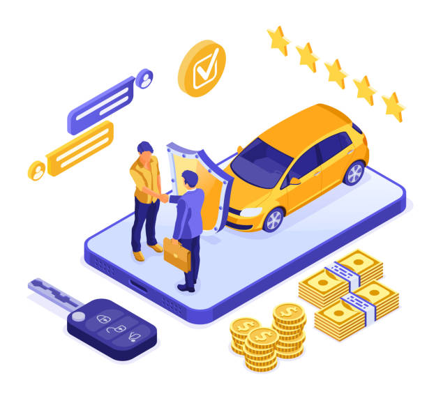 Online Sale Insurance Rental Sharing Car Isometric Online sale insurance rental sharing car isometric concept for landing, advertising with car, dealer, insurer, key, man. Auto rental, carpool, carsharing. isolated vector illustration mobility as a service stock illustrations
