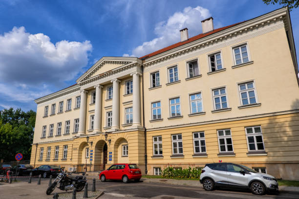 Warsaw, Poland - August 13, 2019: Mineralogical Pavilion and the Prosecutorial Building in Warsaw University (Polish: Uniwesytet Warszawski) main campus