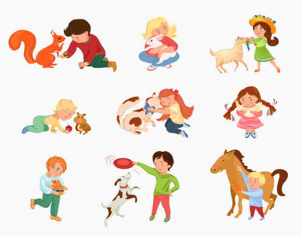 ilustraciones, imágenes clip art, dibujos animados e iconos de stock de conjunto de niños lindos jugar con diferentes animales caseros - horse child animal feeding