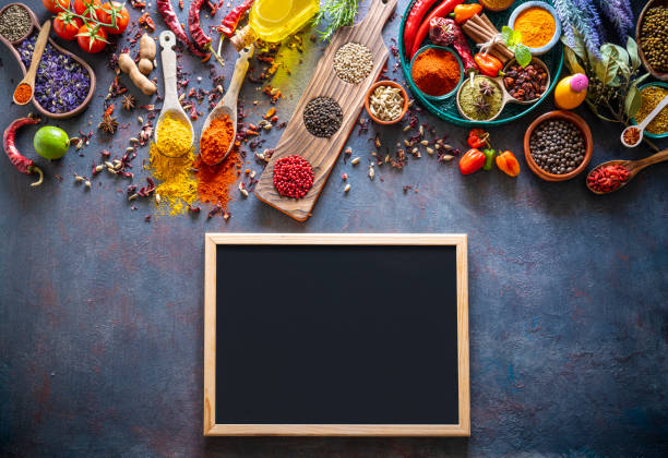 istock Spices herbs condiments seasoning on grunge gray background 1209837482