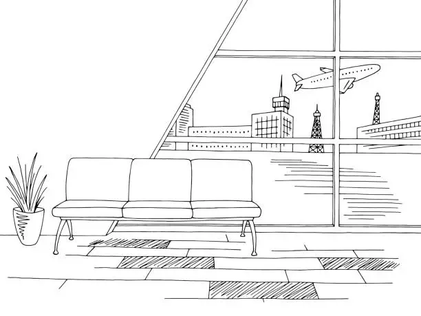 Vector illustration of Airport interior graphic black white sketch illustration vector