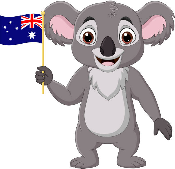 オーストラリアの旗を持つ漫画コアラ - eucalyptus tree tree australia tropical rainforest点のイラスト素材／クリップアート素材／マンガ素材／アイコン素材