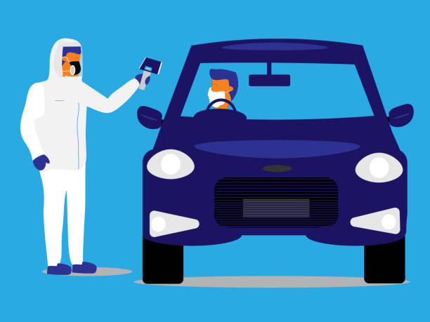 Emergency worker takes the temperature of a driver at a drive-through testing facility. vector art illustration