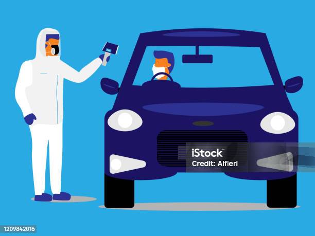 Emergency Worker Takes The Temperature Of A Driver At A Drivethrough Testing Facility Stock Illustration - Download Image Now