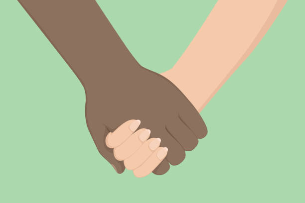 beyaz bir kadın ve afro-amerikalı bir adamın elini tutuyor. çizgi film tarzı. vektör - biriyle çıkmak illüstrasyonlar stock illustrations