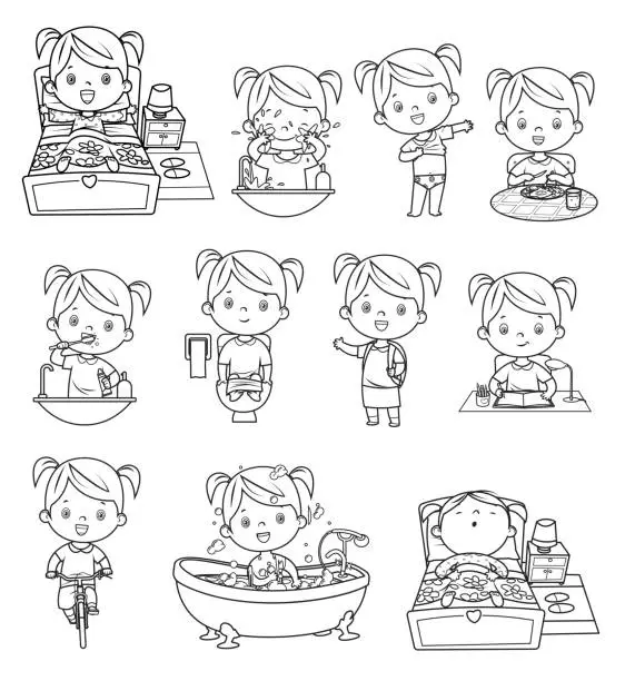 Vector illustration of Black and White, kids daily routine activities