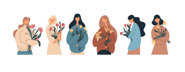 Various women with flower bouquets. Flat vector illustration Group of diverse contemporary ladies in elegant clothes carrying fresh flower bouquets and celebrating International Women Day on 8th of March springtime woman stock illustrations