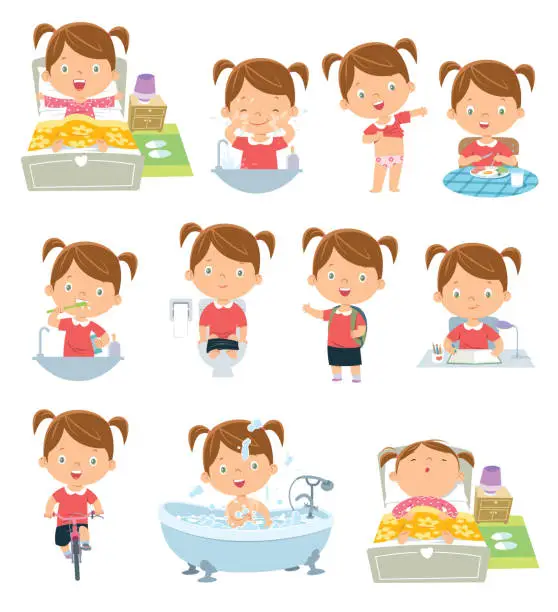 Vector illustration of kids daily routine activities