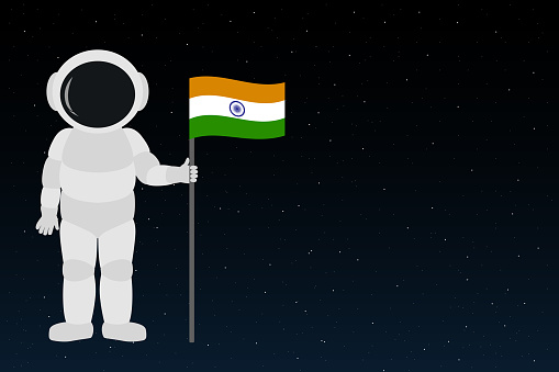 Indian astronaut hold flag of India. Cartoon style. Vector illustration.