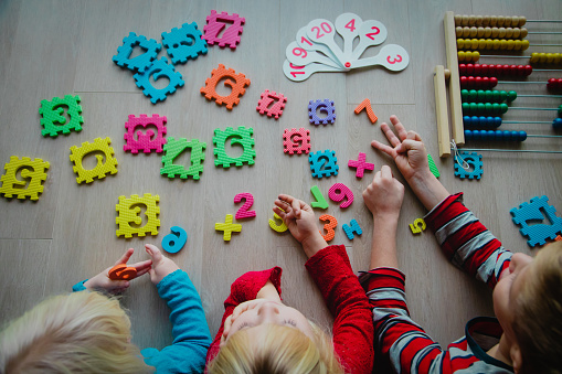 kids learning numbers, abacus calculation, basic math, education concept