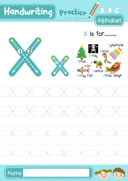 Letter X uppercase and lowercase tracing practice worksheet A4 Letter X uppercase and lowercase cute children colorful ABC alphabet trace practice worksheet for kids learning English vocabulary and handwriting layout in A4 vector illustration. african ground squirrel stock illustrations