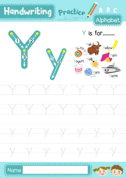 Vector illustration of Letter Y uppercase and lowercase tracing practice worksheet A4