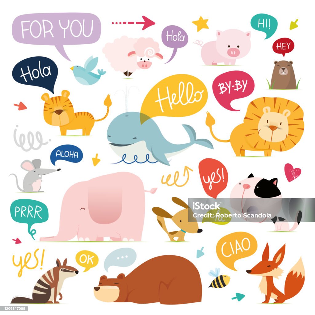 Cute Animals Collection Farm Animals Wild Animals Marina Animals Isolated  On White Background With Animal Sounds In Colorful Speech Baloons Vector  Illustration Design Template Stock Illustration - Download Image Now -  iStock