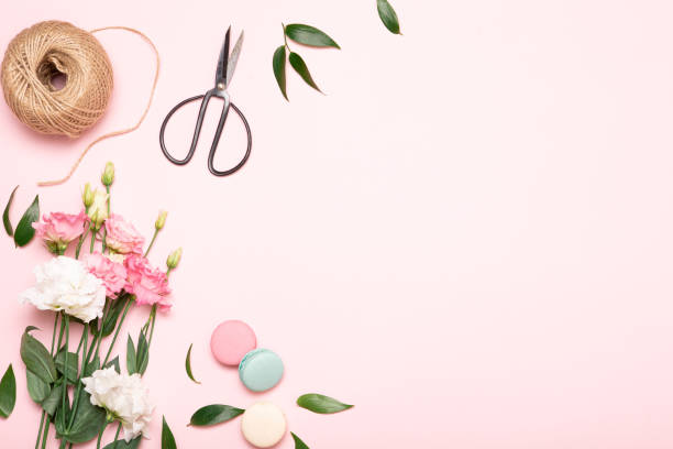 istock Flower flat lay for decorative design on pink background. Minimal romantic hipster concept, mockup background. 1209847777