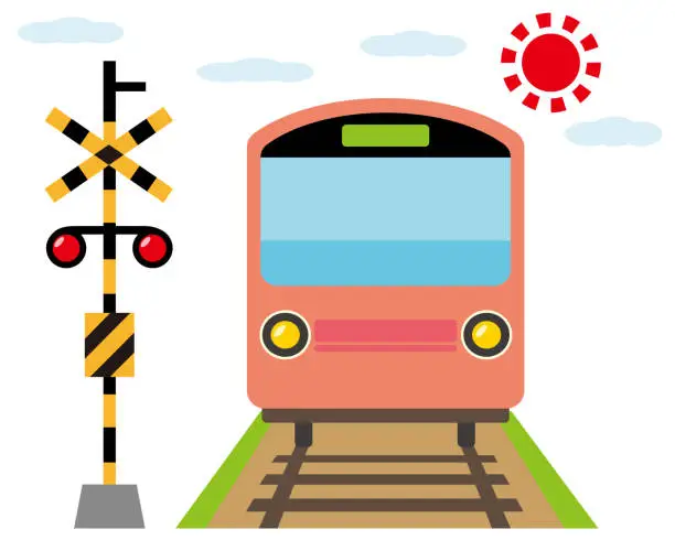 Vector illustration of Illustration of a train passing a railroad crossing
