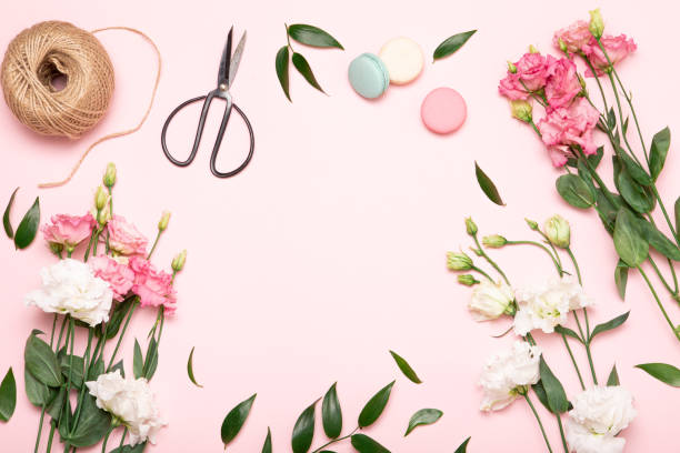 istock Flower flat lay for decorative design on pink background. Minimal romantic hipster concept, mockup background. 1209848681