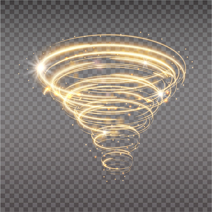 Golden tornado, swirling storm cone of stardust sparkles on transparent background. Golden spiral with light effect. Magical stardust tornado, light hurricane