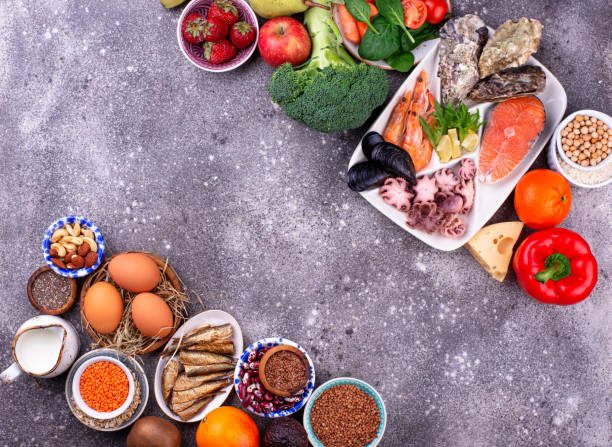 istock Pescetarian diet with seafood, fruit and vegetables 1209852016