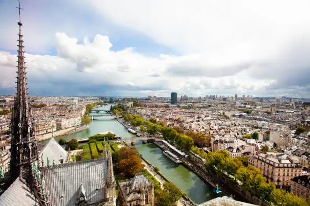 View on the old spire of Notre dame and Pont de Sully in Paris over Seine river