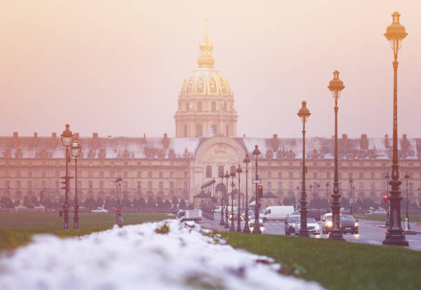 istock Les Invalides building in Paris under snow weather 1209852879