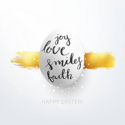 One big Easter Egg in the middle of white square paper background - vector illustration with handwritten text on the object - joy love smiles faith and HAPPY EASTER wishes under - design in shades of white and gold