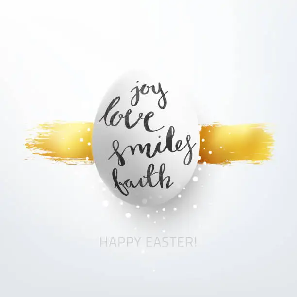 Vector illustration of One big Easter Egg in the middle of white square paper background - vector illustration with handwritten text on the object - joy love smiles faith and HAPPY EASTER wishes under - design in shades of white and gold