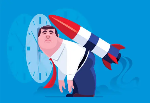 Vector illustration of tired businessman with rocket
