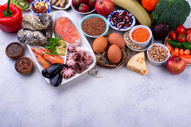 istock Pescetarian diet with seafood, fruit and vegetables 1209854174