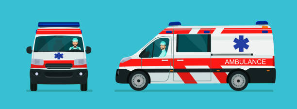 samochód ambulansu van dwa kąty zestaw. samochód z widokiem z boku kierowcy i widokiem z przodu. wektor płaska ilustracja stylu. - medical occupation flash stock illustrations