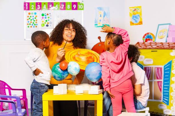 istock Diverse kids group learn planets in nursery school 1209856725