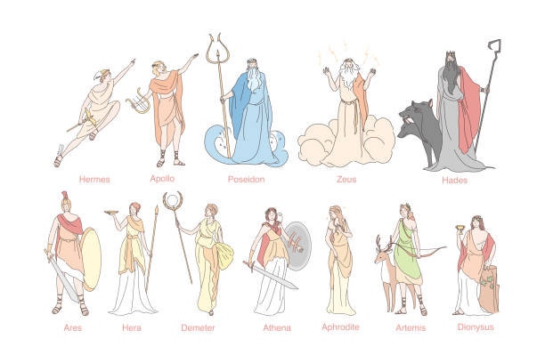Ancient greek gods set concept Ancient greek gods set concept. God pantheon in Greece Hermes, Apollo, Poseidon, Zeus, Hades, Ares, Hera, Demeter, Athena, Aphrodite, Artemis and Dionysus. Religious simple flat vector illustration. goddess of ocean stock illustrations