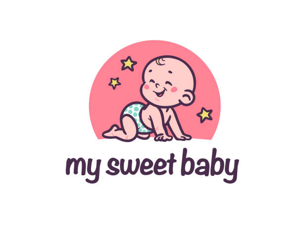 Sweet baby logotype with cute small baby boy silhouette  crawl laughing isolated on white background. Sweet baby logotype with cute small baby boy silhouette  crawl laughing isolated on white background. Baby shop emblem, baby care, happy motherhood sign, symbol. Vector flat illustration. baby boutique stock illustrations