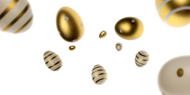 istock Easter egg hunt. Easter composition: golden shine decorated eggs. Greeting card trendy design. for you poster or flyer. 1209858766