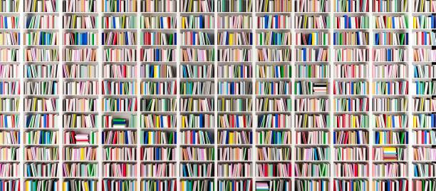Bookshelves in the library with colorful books 3d render