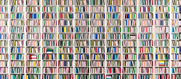 bookshelves in the library with colorful books 3d render - bookstore book store stack imagens e fotografias de stock