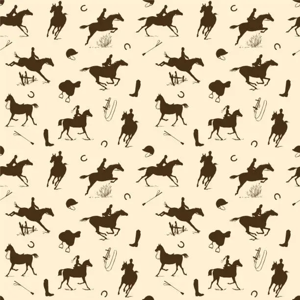 Vector illustration of Equestrian horse riding style silhouette seamless pattern. Brown beige english fox hunting style.