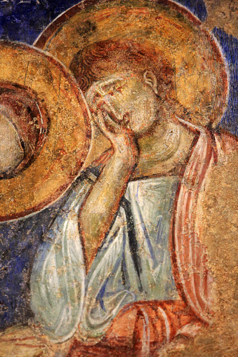 Middle East. Israel. Jerusalem. 05/11/2013. This colorful image depicts frescoes were painted by a Byzantin artist between 1150 and 1175. Full-length personalities: apostles and prophets. The Abu Gosh Benedictine Monastery.