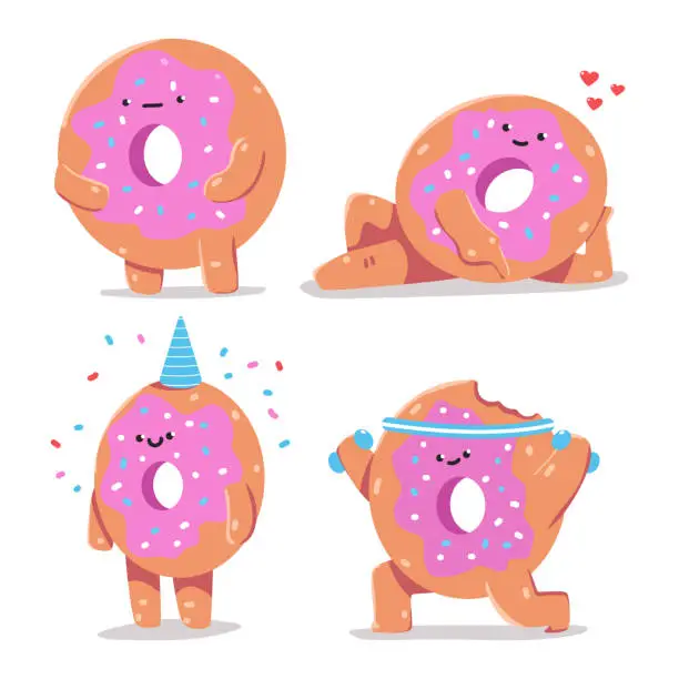 Vector illustration of Funny donuts vector cartoon characters set isolated on a white background.