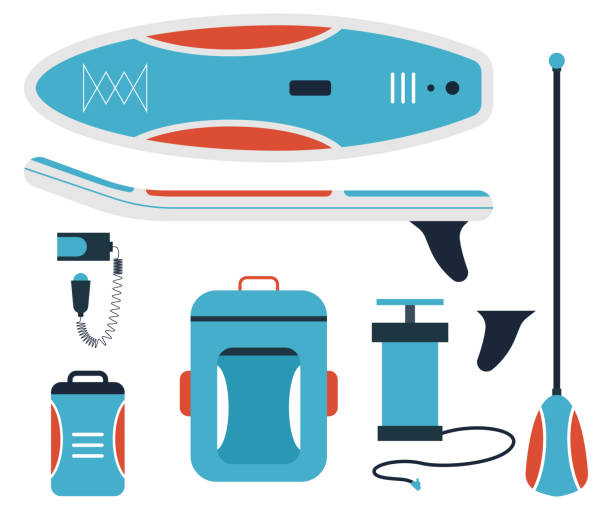 Inflatable paddle board and equipment vector flat set isolated on a white background. Inflatable paddle board and equipment vector flat set. paddleboard stock illustrations