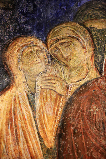 Middle East. Israel. Jerusalem. 05/11/2013. This colorful image depicts frescoes were painted by a Byzantin artist between 1150 and 1175. Full-length personalities: apostles and prophets. The Abu Gosh Benedictine Monastery.