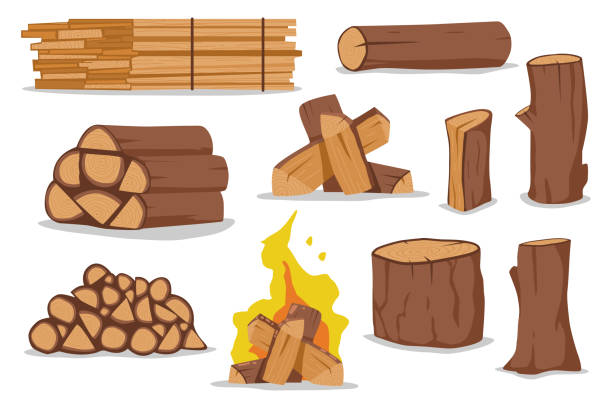 ilustrações de stock, clip art, desenhos animados e ícones de log and firewood vector cartoon set isolated on white background. - bundle