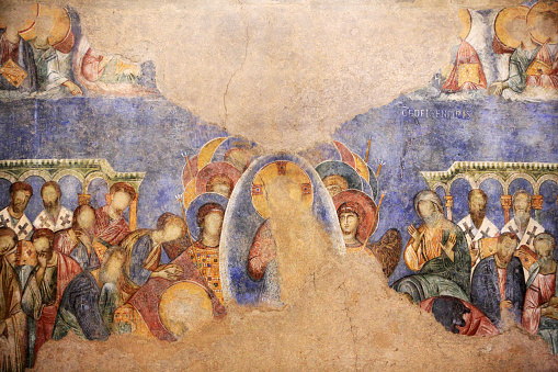Middle East. Israel. Jerusalem. 05/11/2013. This colorful image depicts frescoes were painted by a Byzantin artist between 1150 and 1175. Full-length personalities: apostles and prophets. The Abu Gosh Benedictine Monastery. Dormition of the Blessed Virgin.