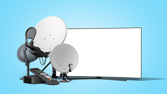 satellite tv or internet concept different size satellite dishes and tv set 3d render on blue gradient