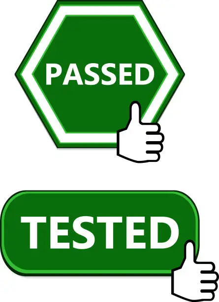 Vector illustration of Passed And Tested Button Collection With Thumbs Up Sign