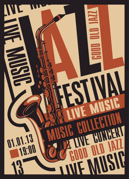 плакат для джазового фестиваля живая музыка с саксофоном - poster classical concert popular music concert flyer stock illustrations